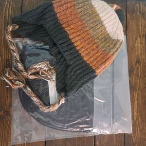 New Winter Hats - Striped Knit Pom Pom Earflap Beanie And Black Fleece Earflap